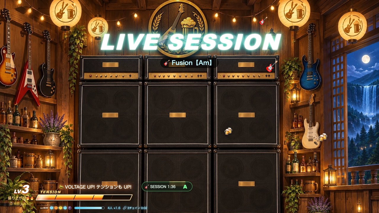 LIVE SESSION の画面。上に大きく LIVE SESSION の文字と曲名、下にテンションゲージ