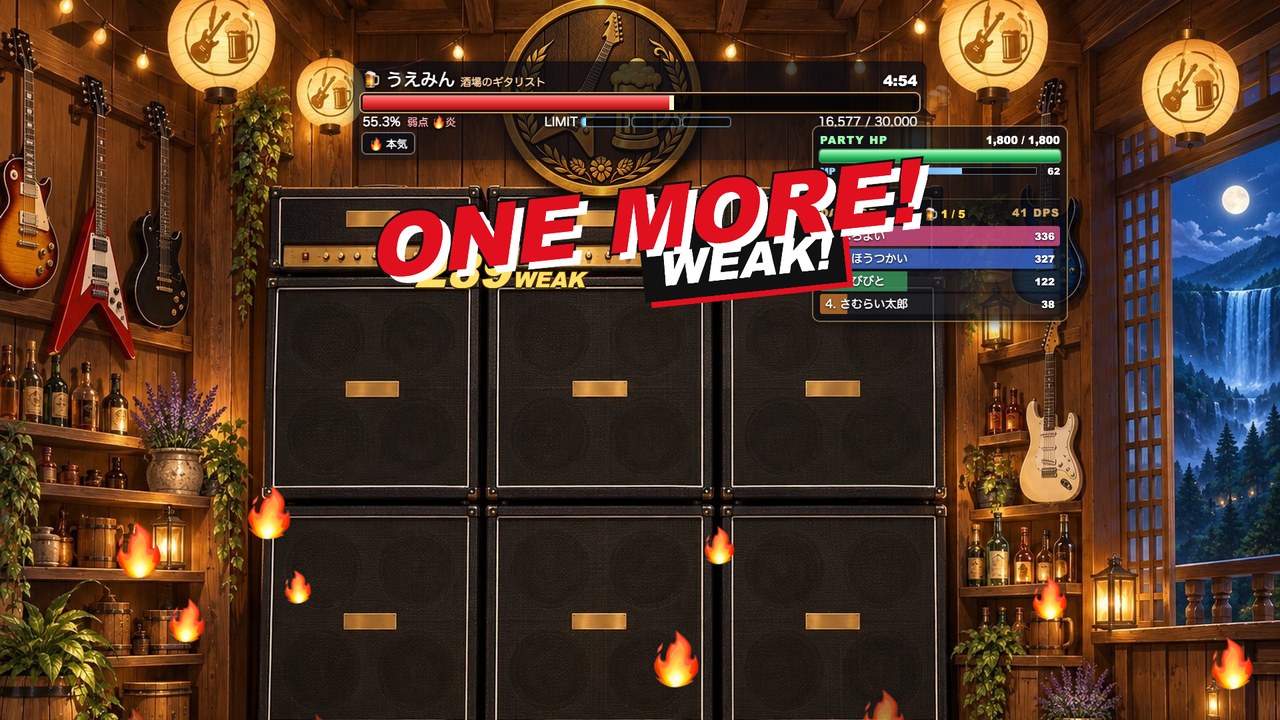討滅戦の画面。上にうえみんの HP バー、中央に WEAK! と ONE MORE! の文字、右にパーティの HP とダメージの順位